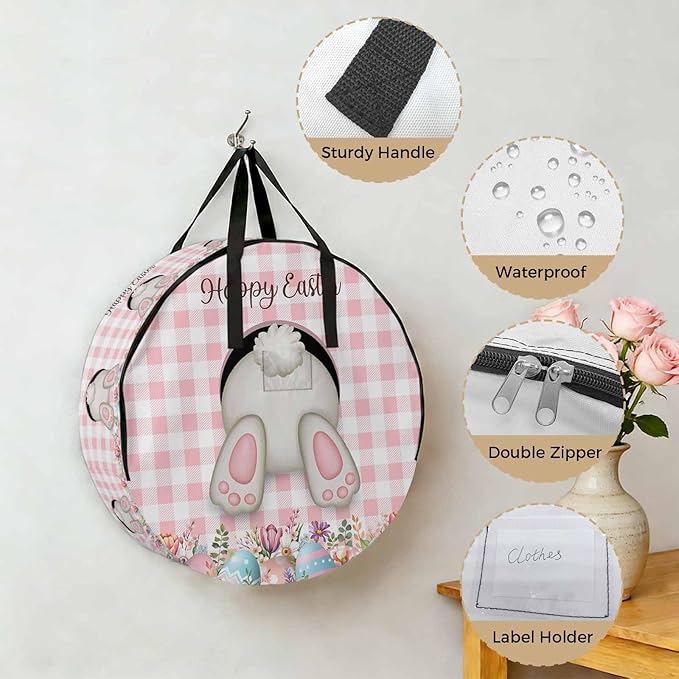 30 Inch Round Storage Bag 1 Pack,Funny Rabbits Butt Colorful Easter Eggs Waterproof Wreath Storage Container with Handles&Zipper Pink White Buffalo Tartan Closet Organizer Bags Garland Box