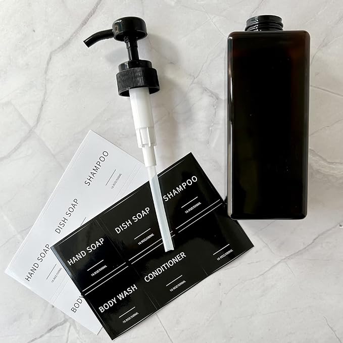 Soap Dispenser with Waterproof Labels, Thickened Plastic Hand Soap Dispenser for Bathroom, Kitchen Dish Washing Liquid Bottles, Shampoo and Conditioner Bottles with Funnel (16oz 4Pack Black White)