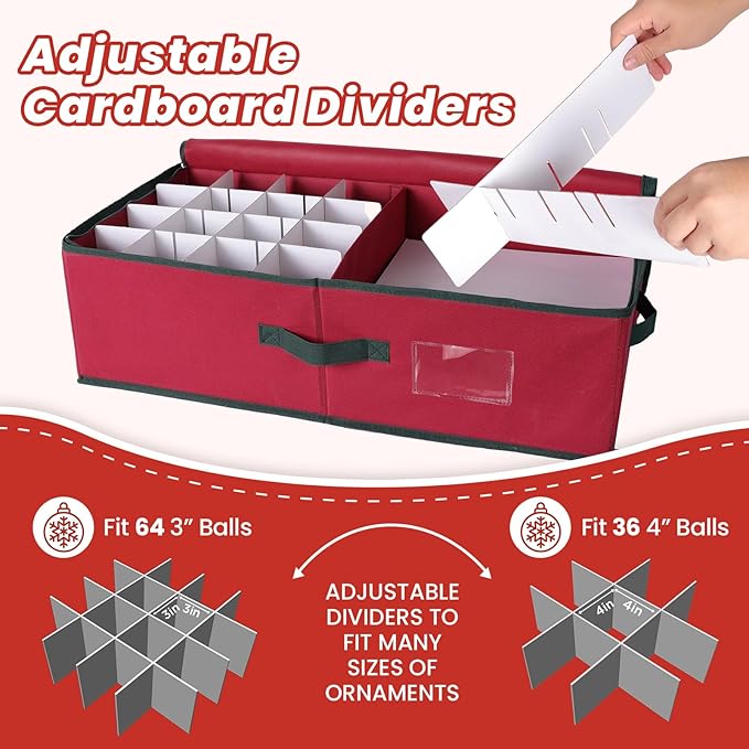 BlessedSeason Christmas Ornament Storage Box with Adjustable Dividers, Cube Storage Containers Organizer *2, Stackable Storage Bins Fit Balls (36 PCS 4’’ & 64 PCS 3”) Dual Zipper, Handles, Visual Slot