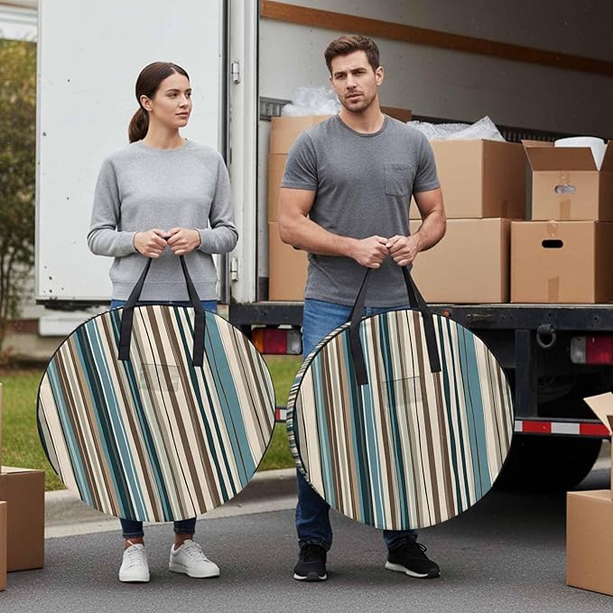 Boho Vertical Stripe Round Storage Bag 30 Inch, Green Beige Simple Lines Clothes Storage Container with Handles Heavy Duty Organizer for Comforter, Bedding & Holiday Wreaths