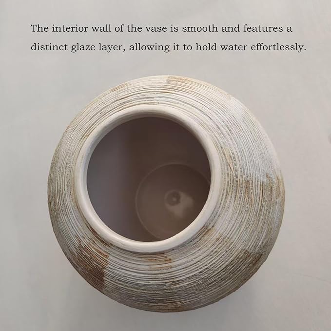 Rustic Ribbed Vase Home Decor - 6 in Ceramic Vintage Farmhouse Vases for Decor, Decorative Terracotta Round Bowl vase for Living Room, Table, Shelf, Kichen Decor