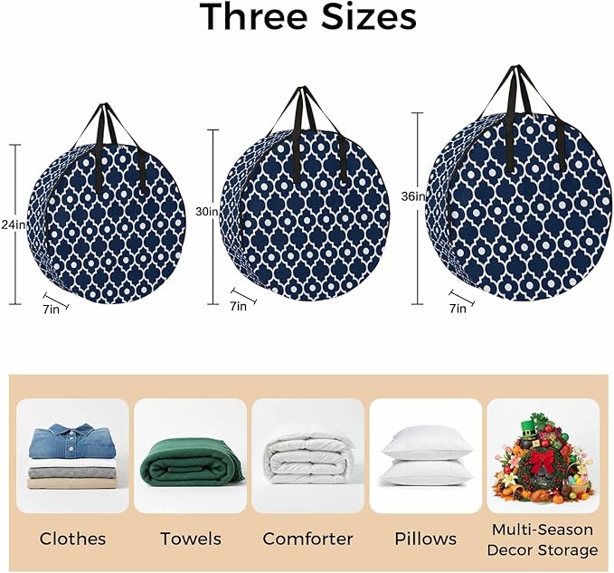 Storage Bag Blue Moroccan Design Round Storage Totes Bins Closet Organizers with Zippers & Handle Geometric Art Clothes Storage Container for Bedroom Dorm Space Saving Packing Supplies Moving Bags