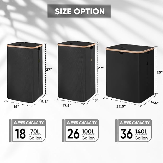 BALEINE Laundry Hamper with Lid, Tall Laundry Baskets with Bamboo Pull Handles, Large Laundry Bin with Internal Support (36 Gal/140L, Black)