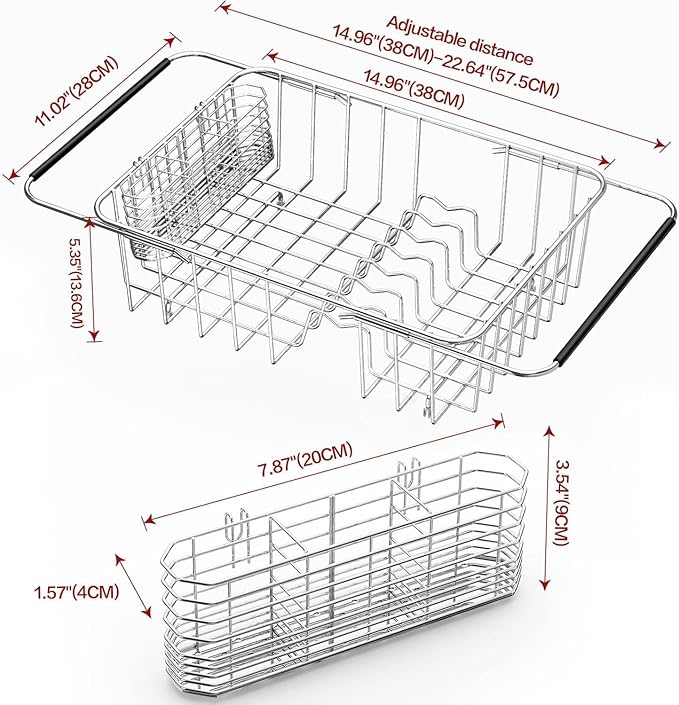 Large Sink Dish Drying Rack, Expandable 304 Stainless Steel Metal Dish Drainer Rack Organizer Shelves with Stainless Steel Utensil Holder Over Inside Sink, Rustproof