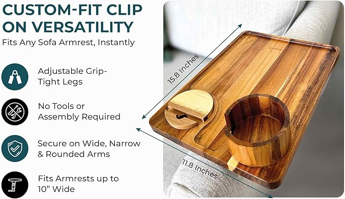Couch Arm Table | XL Acacia Wood Folding Sofa Side Tray | 15.8" x 11.8" | Cup & Phone Holder | Adjustable Clip on TV Caddy Armrest Tray | Perfect for Eating Dinner & Snacks | Thin Foldable Organizer