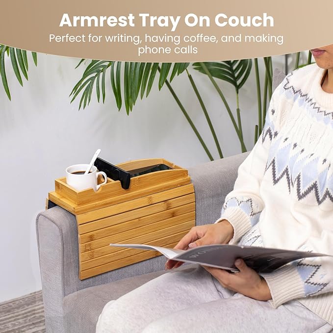 Bamboo Couch Arm Tray Table | 2-in-1 Detachable Sofa Tray with Slidable Cup Holder | 4.5 to 14 inches Wide Adjustable & Foldable Design with an Anti-Slip Surface for Drinks, Snacks, and Remote