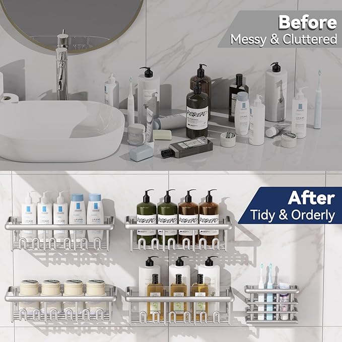 8 Pack Adhesive Rustproof Shower Shelves with Soap Dishes, Toothbrush Holder & Hooks, Large Capacity No-Drilling Shower Shelves Rack for Bathroom Organizers and Storage Accessories, Silver