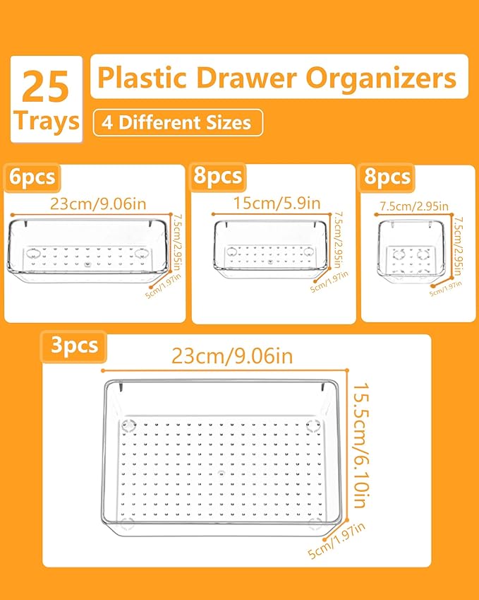 Clear Drawer Organizers Set of 25, 4-Size Vanity Organizer Trays, Stackable Bathroom & Desk Drawer Organizer for Makeup, Jewelry, Kitchen Utensils, Office Supplies and Small Gadgets Storage