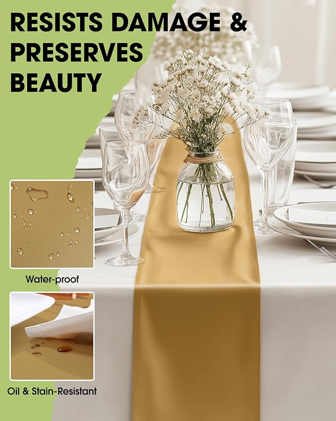 Pureegg Gold Plastic Table Runners - 20 Pack, 14'' x 108'', Water Resistant & Disposable Centerpiece Decorations for Table Cloth, Wedding, Birthday, Holiday, Baby Shower, Party, Home Decor