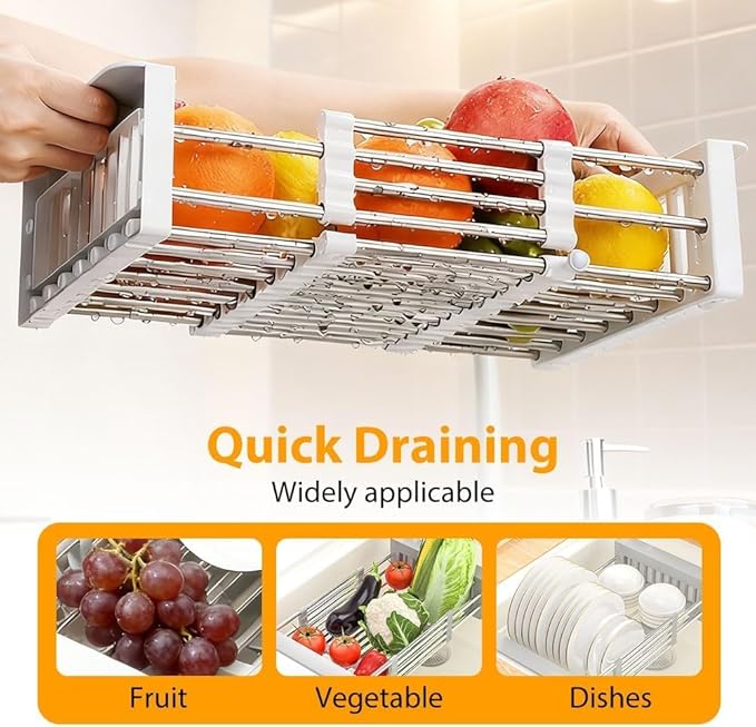 Extend Kitchen Sink Drain Basket, Adjustable & Expandable Stainless Steel Dish Drainers for Kitchen Counter, Portable & Telescopic Space-Saving Solution for Fruit Vegetable