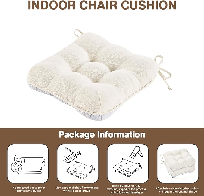 BETU White Chair Cushions for Dining Chairs Set of 4,3.5" Thick Kitchen Table Chair Pads with Ties,Non Slip Backing and Covers, Seat Cushion for Dining Room,Bar,Patio Chairs,16"X16"X3.5",White