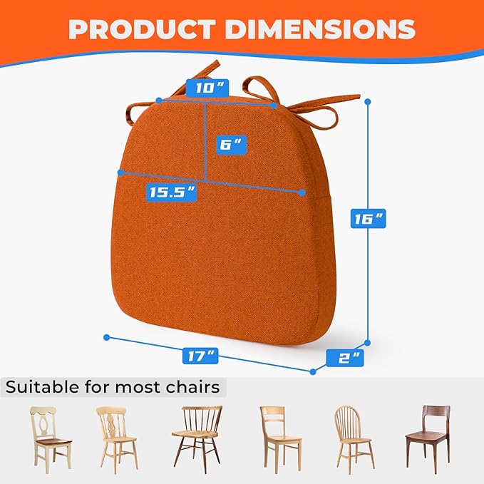 Sunsleek Chair Cushions for Dining Chairs, D-Shaped Seat Cushions with Removable Washable Cover and Ties, Chair Pads for Kitchen, Indoor Dining Room, Patio Chairs, 17'' x 16'', Set of 2, Orange