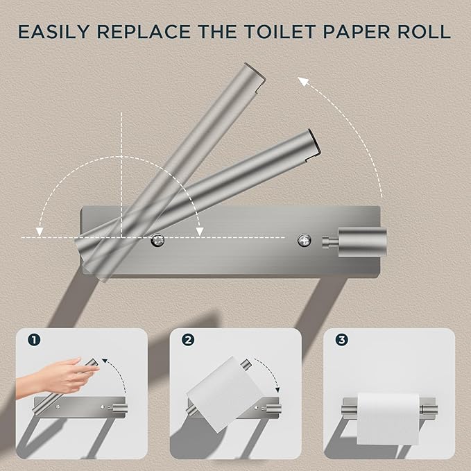FORIOUS Adhesive Toilet Paper Holder Brushed Nickel, Self Adhesive or Wall Mounted Options, Stainless Steel Rustproof Stick on no Drilling Pivoting Toilet Tissue Roll Holder,2 Pack Stainless Steel