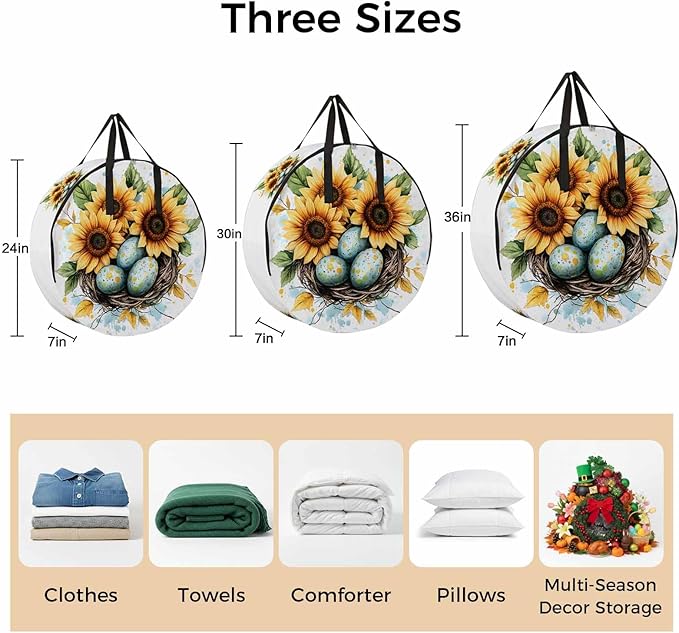 Easter Eggs Nest Round Storage Bag 30 Inch, Watercolor Green Egg Spring Sunflowers Floral Leaf Clothes Storage Container with Handles Heavy Duty Organizer for Comforter, Bedding & Holiday Wreaths