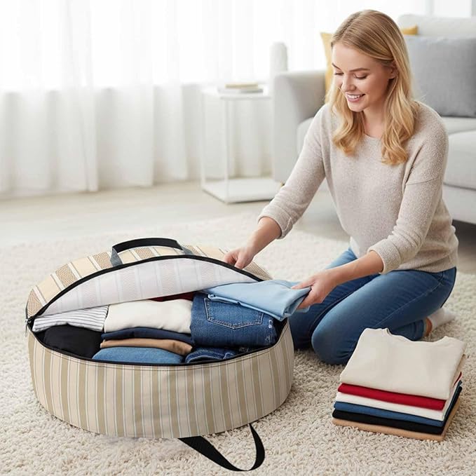 Storage Bag Orange Stripes Round Storage Totes Bins Closet Organizers with Zippers & Handle Vertical Striped Line Clothes Storage Container for Bedroom Dorm Space Saving Packing Supplies Moving Bags