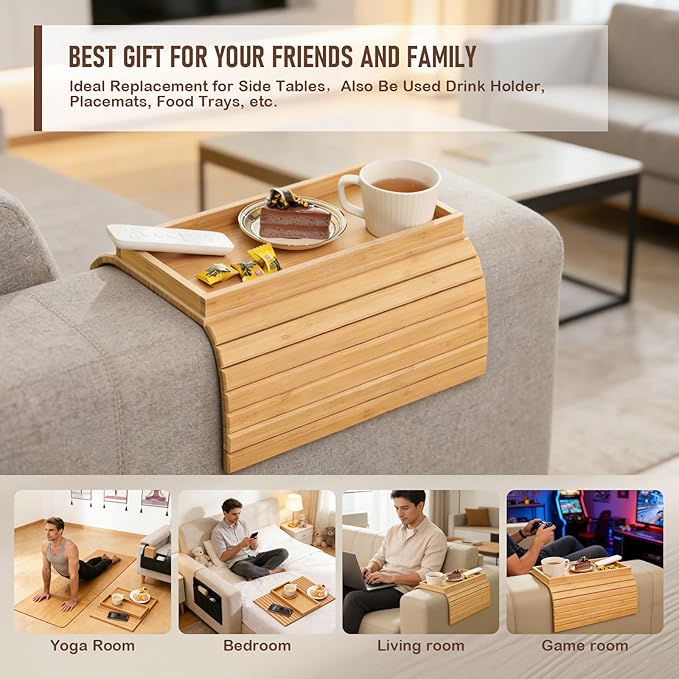 Bamboo Sofa Armrest Tray, Foldable Couch Arm Table with Anti-Slip & Waterproof Design, Versatile Sofa Arm Organizer for Drinks, Snacks, Remote Control, Fits Most Sofa Arm Widths (Bamboo)