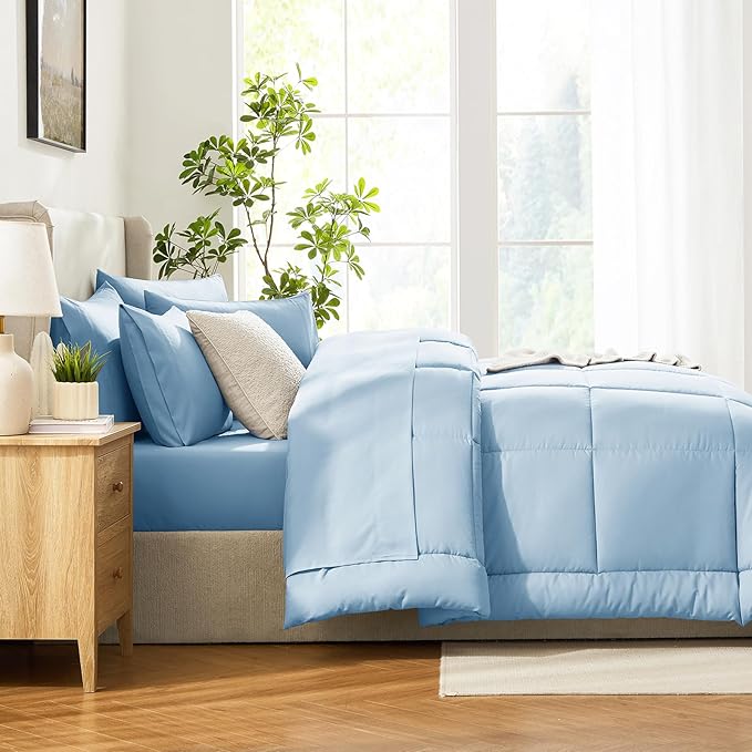 CozyLux King Size Comforter Set Baby Blue, 7 Pieces Bed in a Bag, Blue Comforter King Size, All Season Bedding Sets with Stitch Quilted Comforter, Flat Sheet, Fitted Sheet, Pillowcases