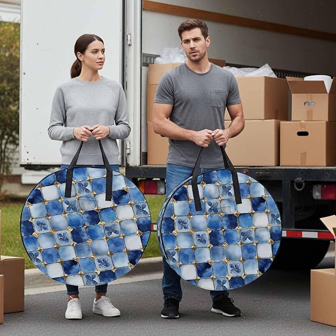 Blue Crystal Flower Round Storage Bag 24 Inch, Irregular Texture Clothes Storage Container with Handles Heavy Duty Organizer for Comforter, Bedding & Holiday Wreaths