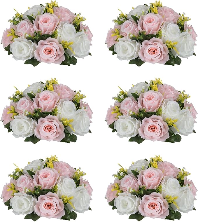 NUPTIO Flower Ball Centerpieces for Tables: 6 Pcs Artificial Pink & White Rose Arrangements for Wedding Centerpiece - Faux Silk Floral Kissing Balls for Home Gender Reveal Party Mother's Day Decor