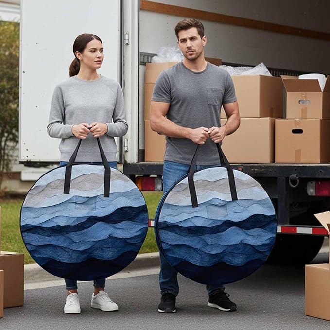 Abstract Art Ocean Round Storage Bag 36 Inch, Gradient Blue Impressionist Style Clothes Storage Container with Handles Heavy Duty Organizer for Comforter, Bedding & Holiday Wreaths
