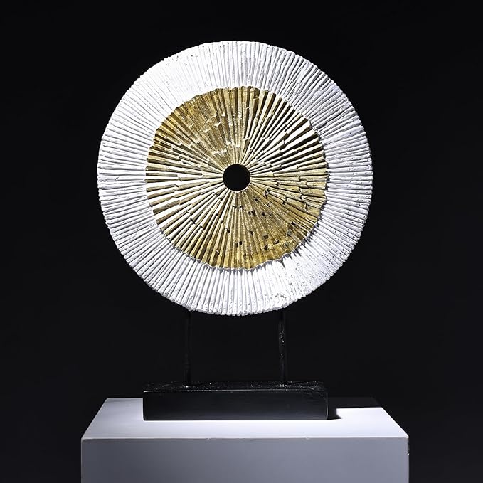 12" Tall Abstract White Gold Round Sculpture - Unique Home Decoration for Above Cupboard Decor, Living Room Coffee Table, Console, Office, Entrance, Table Centerpieces (White Gold)
