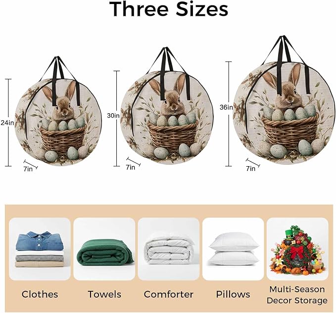Easter Rabbit Round Storage Bag 30 Inch, Vintage Basket Green Eggs Country Leaf Greenery Linen Clothes Storage Container with Handles Heavy Duty Organizer for Comforter, Bedding & Holiday Wreaths