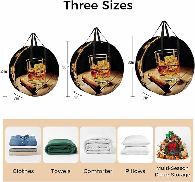 Storage Bag Whisky Glass Round Storage Totes Bins Closet Organizers with Zippers & Handle Wine Cigarettes Wood Clothes Storage Container for Bedroom Dorm Space Saving Packing Supplies Moving Bags