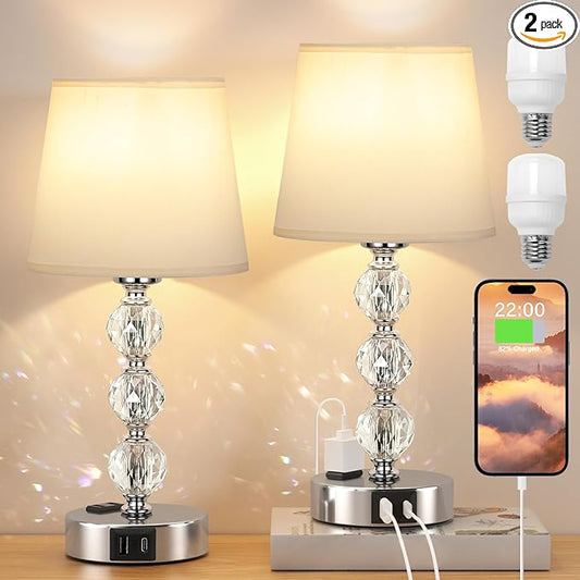 Acaxin Crystal Table Lamp Set of 2 for Bedroom/Living Room, 14.6in (Beige)