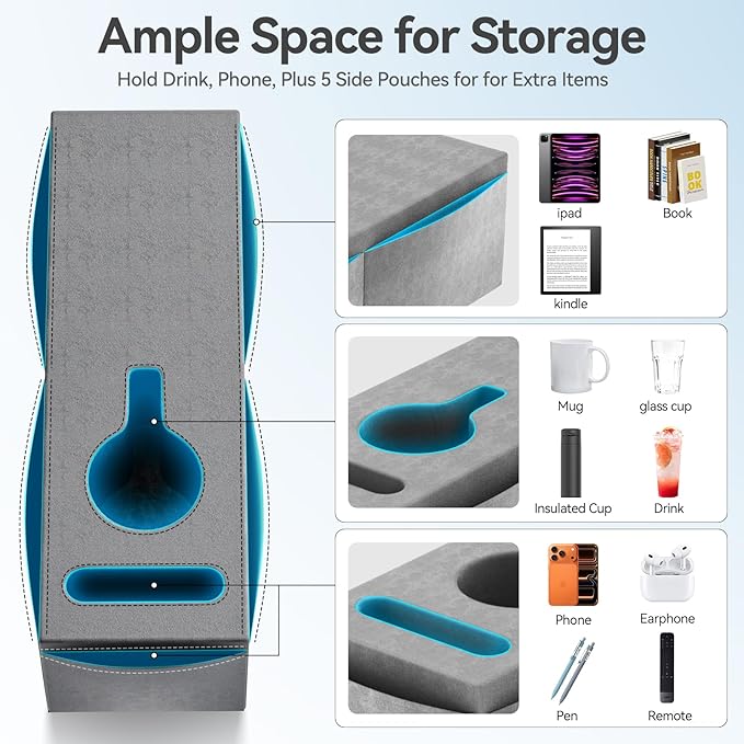 Couch Armrest Caddy with Cup Holder, Portable Sofa Armrest Pillow Drink Holder Table Tray with 5 Large Side Storage Pockets, Portable Sofa Rrmrest for Reading & Bed Rest Pillows Armrest- 1 Pack