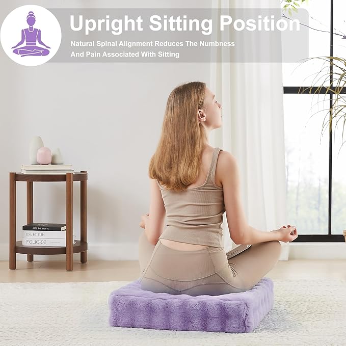 JKMAX 2 Pcs High Density Foam Floor Pillow - Upgraded Large Pillows Seating for Adults - Outdoor Floor Cushion with Soft Tufted Cover - Yoga Pillows for Sitting On Floor - 22 Inch Light Purple