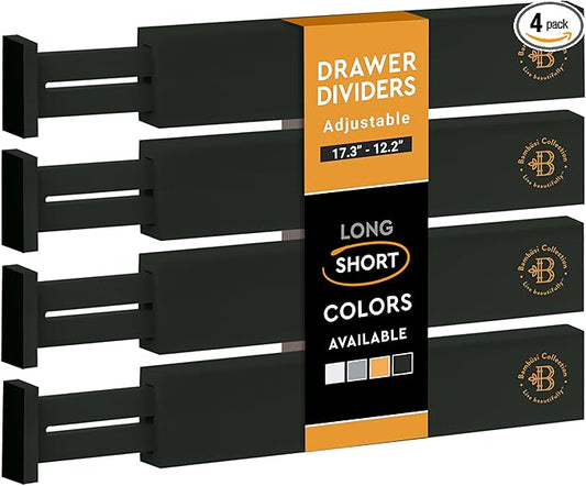 4-Pack Black Drawer Dividers - Fits Drawers 12.2 to 17.3 Inches Deep, 2.6 Inch High, 0.6 Inch Thick, Adjustable Bamboo Drawer Organizers Separators for Dresser Clothes, Kitchen, Bathroom, Home, Office