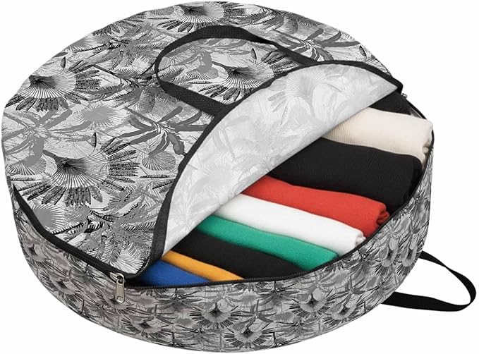 Summer Grey Round Storage Bag 36 Inch, Palm Banana Tropical Plants Watercolor Clothes Storage Container with Handles Heavy Duty Organizer for Comforter, Bedding & Holiday Wreaths