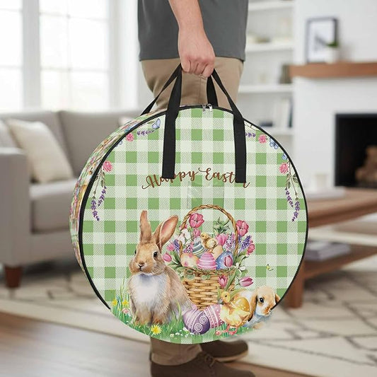 36 Inch Round Storage Bag 1 Pack,Easter Spring Flowers Rabbit and Eggs Waterproof Wreath Storage Container with Handles&Zipper Green and White Buffalo Checker Closet Organizer Bags Garland Box