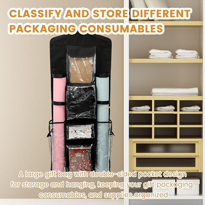 Wrapping Paper Storage - Double-Sided Hanging Wrap Organizer, Compartmental Wrap Organizer Holder, Wrapping Paper Storage Containers, Behind The Door Storage for Kitchen Bedroom Closet (Black)