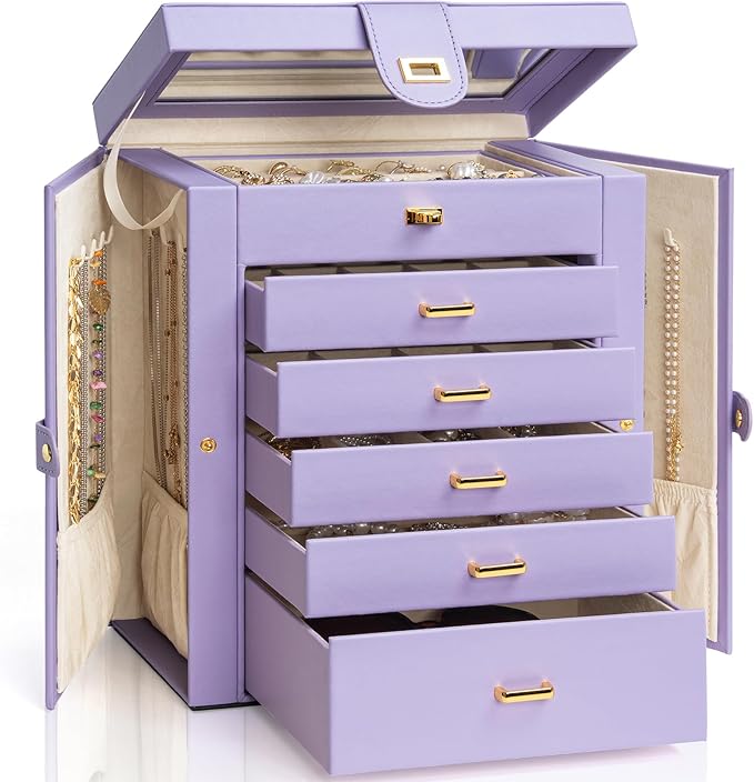 AKOZLIN Large Jewelry Box Organizer Functional with Big Mirror, Leather Jewelry Storage Case for Women Girls Ring Necklace Earring Bracelet Holder Organizer Violet