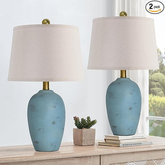 AIEAMPDO 21'' Set of 2 Coastal Small Ceramic Lamps for Bedroom, Traditional Nightstand Bedside Desk Table Lamp for Living Room Office Dorm, 2 Bulbs Included