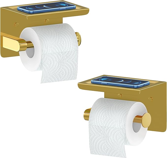 Brushed Gold Toilet Paper Holder with Shelf, SUS304 Stainless Steel Wall Mounted, Dual Installation Adhesive or Screw, Rustproof Modern Bathroom Tissue Roll Holder - 2 Pack