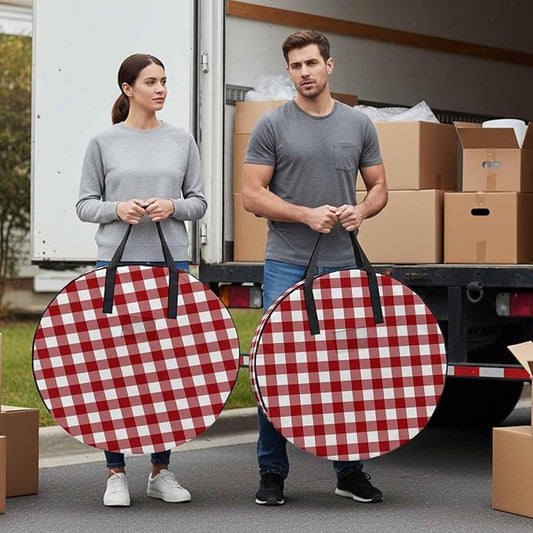 24 Inch Round Storage Bag 2 Pack,Farmhsoue Christmas Red White Buffalo Check Waterproof Wreath Storage Container with Handles&Zipper Rural Style Closet Organizer Bags Garland Box