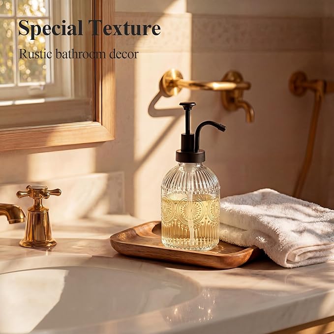 SheeChung 12Oz Vintage Glass Bathroom Soap Dispenser, Kitchen Dish Soap Dispenser with Pump, Refillable Liquid Hand Soap Bottle, Lotion, Antique Rustic Farmhouse Decor (Clear-Black Pump, 1 Pack)