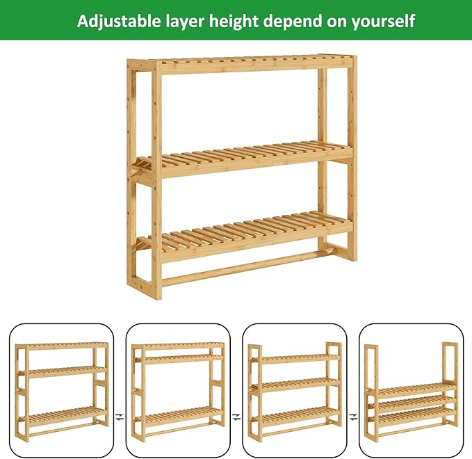 RRX Bathroom Shelf Storage Organizer, Bathroom Shelf 3-Tier Adjustable Layer Bamboo Organizer with Bar, Hanging, Freestanding Over Toilet Utility Shelves, Beige
