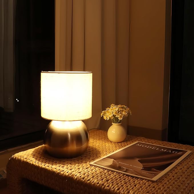 Modern Golden Small Table Lamp with Cotton Linen Shade, 10.4-inch LED Desk Light, One-Button Switch for Bedroom, Living Room, Nightstand, Includes Warm Light Bulb