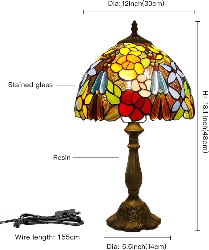 Tall Table Lamps Bedside Nightstand Rose Flower Beads Stained Glass Table Lamp for Bedroom,Living Room,Dining Room Restaurant Hotel Desk Reading Light+LED Bulb,12X12X18 INCH