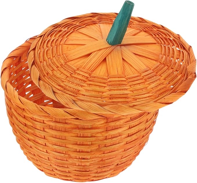 LABRIMP Woven Pumpkin Shaped Decorative Storage Basket with Lid Multi Purpose Organizer for Candy Eggs Sundries and Fruit for Home and Desktop Use