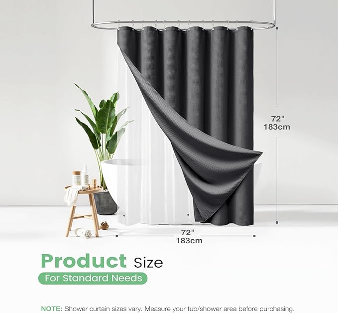 Dynamene Charcoal Grey Shower Curtain and Liner Set, Waffle Weave Fabric, Waterproof Clear Liner, 256GSM Heavy Duty Weighted Hotel Luxury Shower Curtains for Bathroom with 12 Plastic Hooks, 72Wx72H