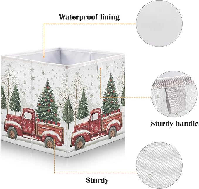 Red Truck Christmas Tree Fabric Storage Cubes Sturdy Shelf Closet Organizer Bin Decorative Storage Basket Box for Living Room Bathroom, 11x11 Inch