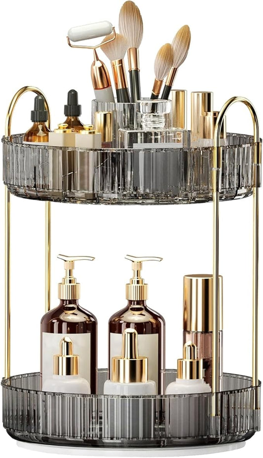 360° Rotating Makeup Organizer, Large-Capacity Skincare Make Up Storage 2 Tier Perfume Organizers Cosmetic Dresser Organizer with Makeup Brush Holder, Fits Bedroom, Bathroom, Vanity Shelf Countertop