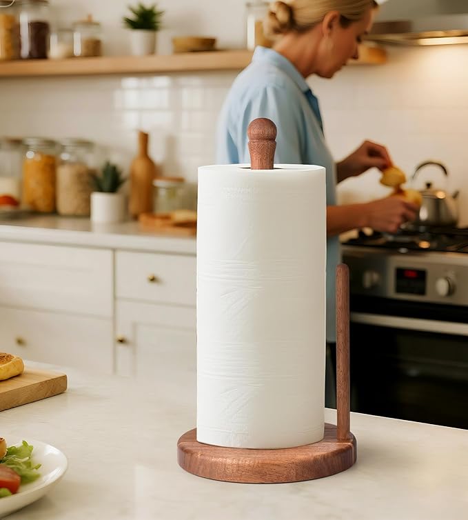 Farmhouse Acacia Wood Paper Towel Holder Countertop, Weighted Base for Kitchen & Bathroom, One-Handed Operation, EPTH, Wooden Standing Towel Roll Organizer, for Standard & Jumbo Rolls