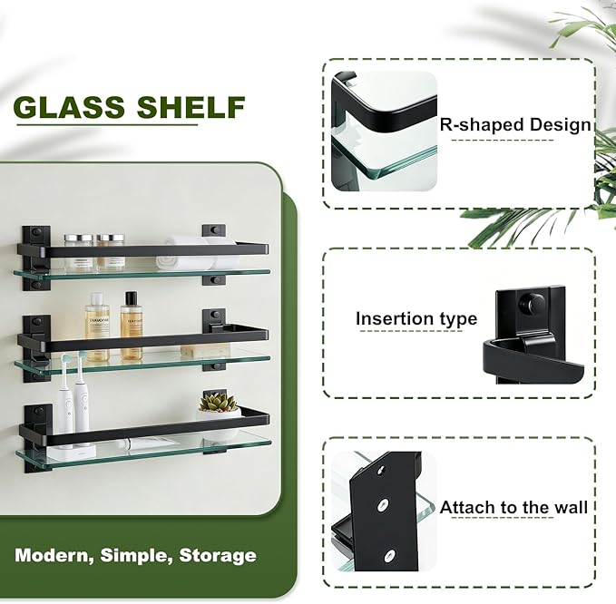 AIJALY 2 Pack Bathroom Glass Shelf,15.7 Inches Black Bathroom Shower Glass Shelf Wall-Mounted, Metal Storage Floating Kitchen Shelf