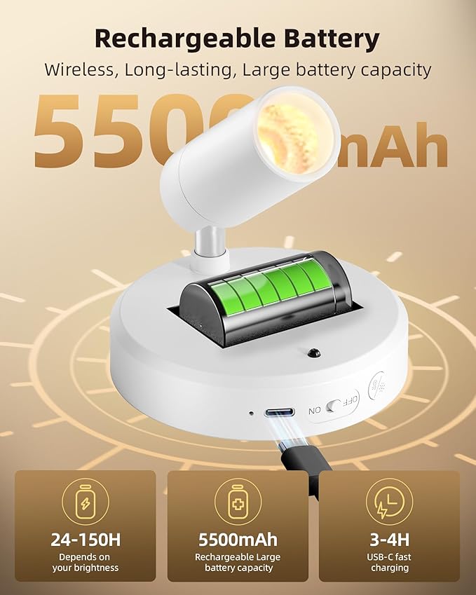 EZVALO Battery Powered LED Spotlight Indoor, Wireless Picture Lights with Remote, 5500mAh Rechargeable Mini Display Light, Uplighting Indoor for Artwork, Tree, Painting, Portrait (white-1Pack)