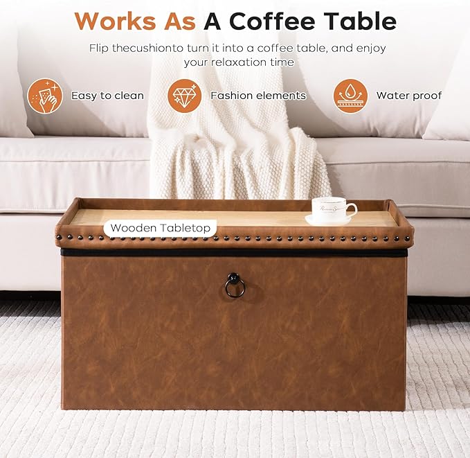 oakvivo 30 Inches Folding Storage Ottoman Bench, Ottoman PU Leather Tuffed End of Bed Bench, Foot Rest with Rivet Design, Ottoman with Storage, Load 330 lb, for Living Room, Bedroom, Entryway, Brown